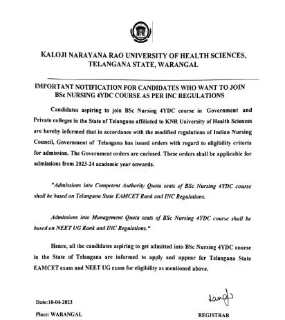 NEET UG must for BSc Nursing Admission in Telangana