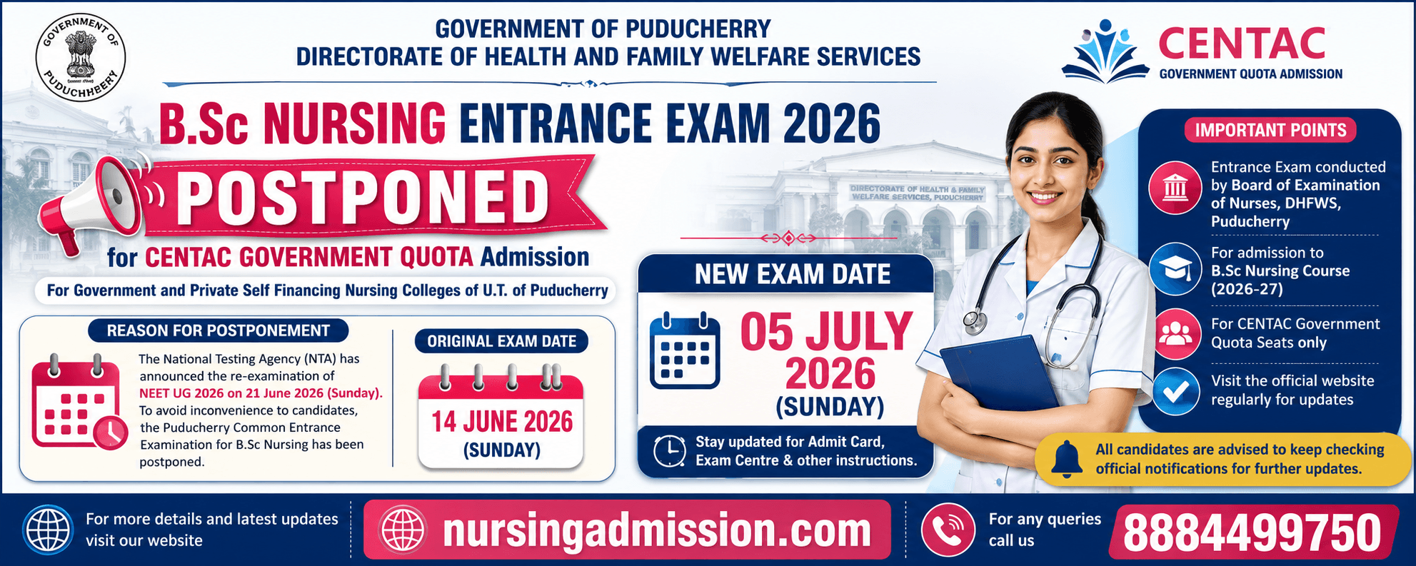Puducherry B.Sc Nursing Entrance Exam 2026 Postponed – New Exam Date Announced