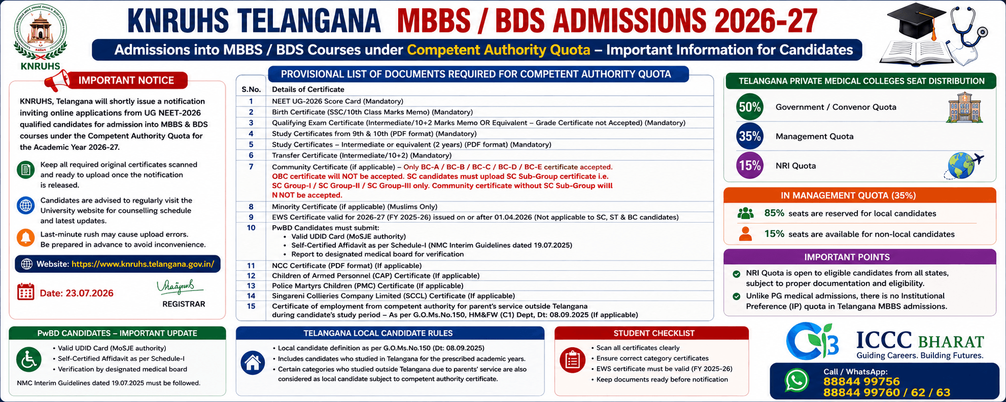 KNRUHS Telangana MBBS/BDS Admissions 2026-27: Competent Authority Quota Notice, Documents List & Important Guidelines